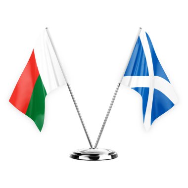 Two table flags isolated on white background 3d illustration, madagascar and scotland