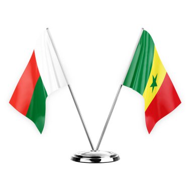 Two table flags isolated on white background 3d illustration, madagascar and senegal
