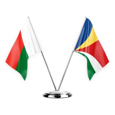 Two table flags isolated on white background 3d illustration, madagascar and seychelles
