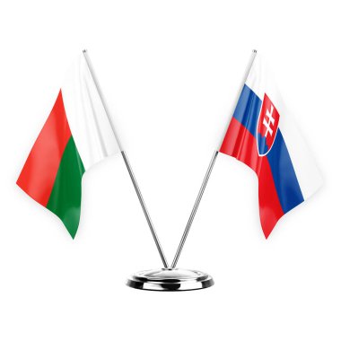 Two table flags isolated on white background 3d illustration, madagascar and slovakia