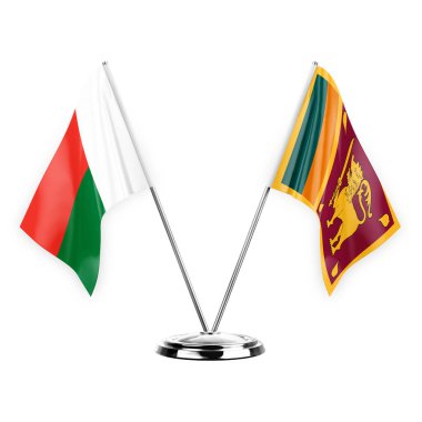 Two table flags isolated on white background 3d illustration, madagascar and sri lanka
