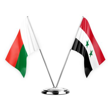 Two table flags isolated on white background 3d illustration, madagascar and syria