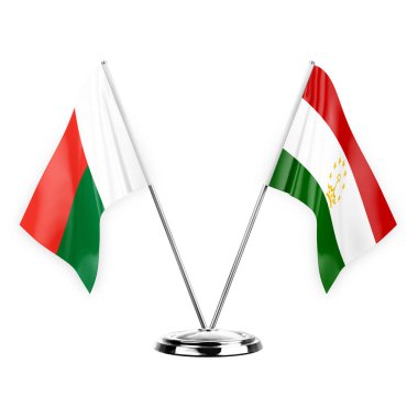 Two table flags isolated on white background 3d illustration, madagascar and tajikistan