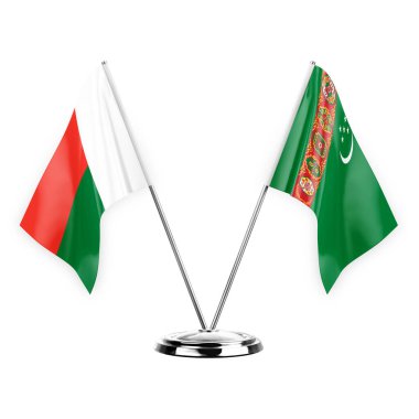 Two table flags isolated on white background 3d illustration, madagascar and turkmenistan