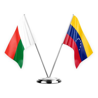 Two table flags isolated on white background 3d illustration, madagascar and venezuela