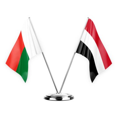 Two table flags isolated on white background 3d illustration, madagascar and yemen