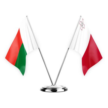 Two table flags isolated on white background 3d illustration, madagascar and malta