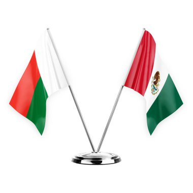 Two table flags isolated on white background 3d illustration, madagascar and mexico