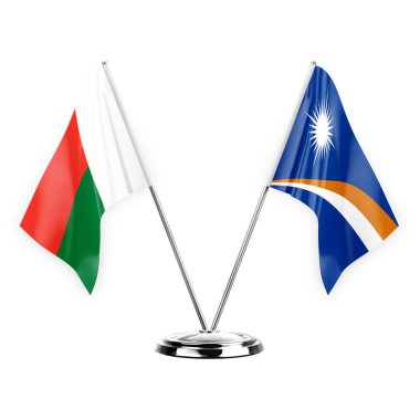 Two table flags isolated on white background 3d illustration, madagascar and marshall islands