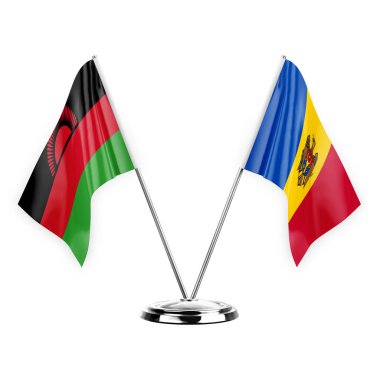 Two table flags isolated on white background 3d illustration, malawi and moldova