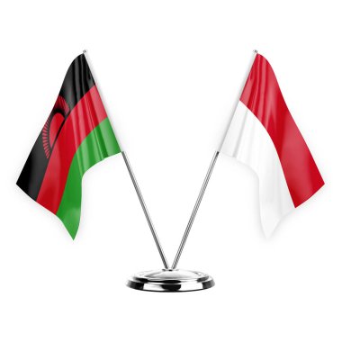 Two table flags isolated on white background 3d illustration, malawi and monaco