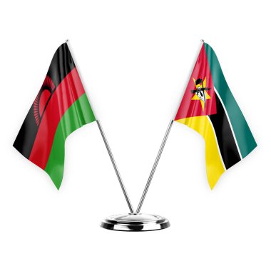 Two table flags isolated on white background 3d illustration, malawi and mozambique