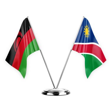 Two table flags isolated on white background 3d illustration, malawi and namibia