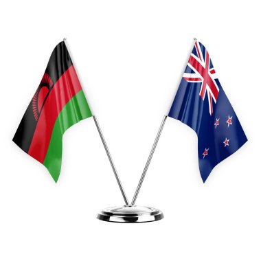 Two table flags isolated on white background 3d illustration, malawi and new zealand