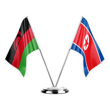 Two table flags isolated on white background 3d illustration, malawi and north korea