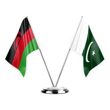 Two table flags isolated on white background 3d illustration, malawi and pakistan