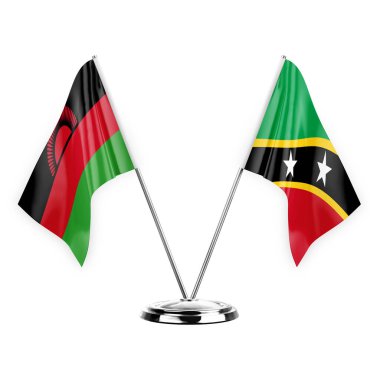Two table flags isolated on white background 3d illustration, malawi and saint kitts and venis