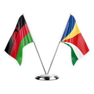 Two table flags isolated on white background 3d illustration, malawi and seychelles