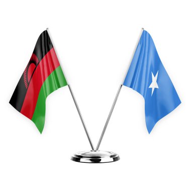 Two table flags isolated on white background 3d illustration, malawi and somalia