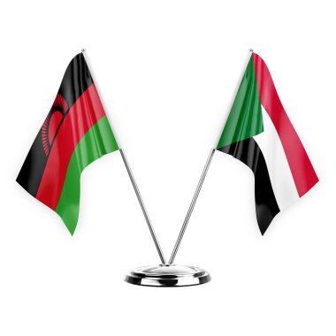 Two table flags isolated on white background 3d illustration, malawi and sudan