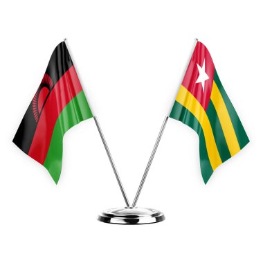 Two table flags isolated on white background 3d illustration, malawi and togo