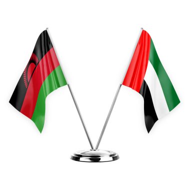Two table flags isolated on white background 3d illustration, malawi and united arab emirates