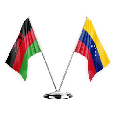 Two table flags isolated on white background 3d illustration, malawi and venezuela
