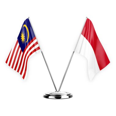 Two table flags isolated on white background 3d illustration, malaysia and monaco