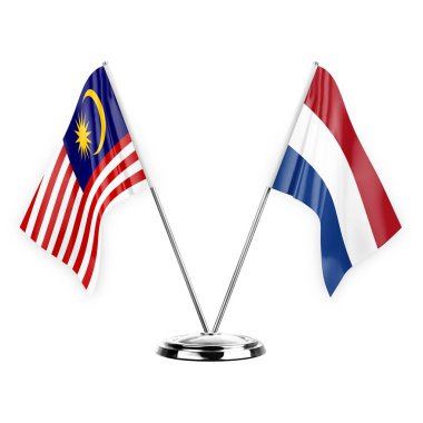 Two table flags isolated on white background 3d illustration, malaysia and netherlands