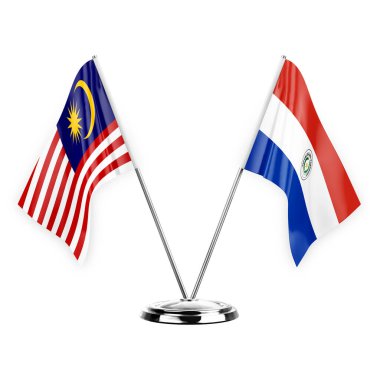 Two table flags isolated on white background 3d illustration, malaysia and paraguay