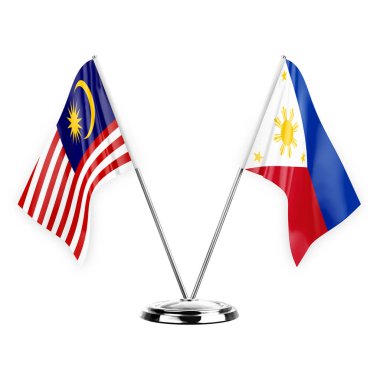 Two table flags isolated on white background 3d illustration, malaysia and philippines