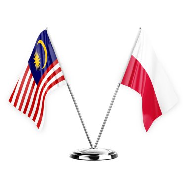 Two table flags isolated on white background 3d illustration, malaysia and poland
