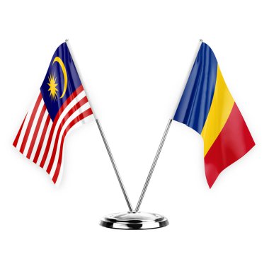 Two table flags isolated on white background 3d illustration, malaysia and romania