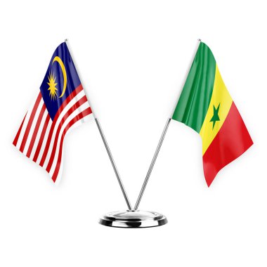 Two table flags isolated on white background 3d illustration, malaysia and senegal
