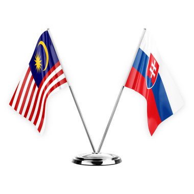 Two table flags isolated on white background 3d illustration, malaysia and slovakia