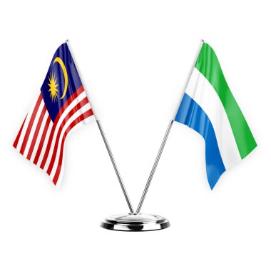 Two table flags isolated on white background 3d illustration, malaysia and sierra leone