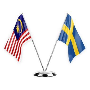 Two table flags isolated on white background 3d illustration, malaysia and sweden