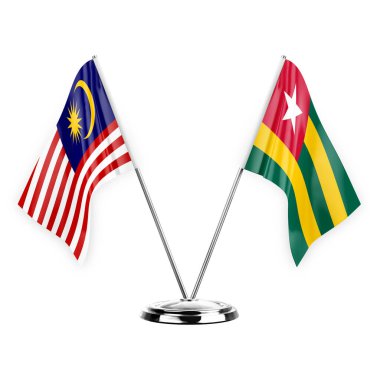 Two table flags isolated on white background 3d illustration, malaysia and togo
