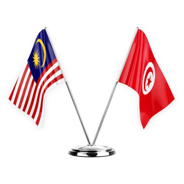 Two table flags isolated on white background 3d illustration, malaysia and tunisia
