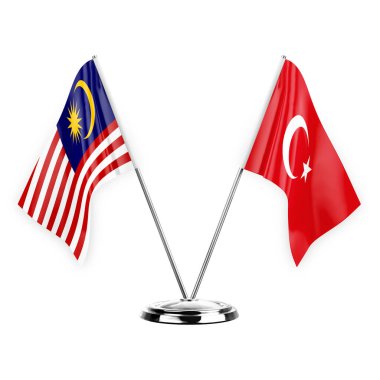Two table flags isolated on white background 3d illustration, malaysia and turkey