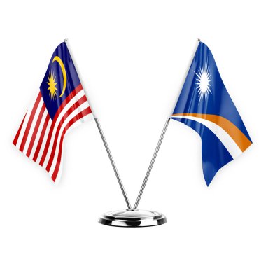 Two table flags isolated on white background 3d illustration, malaysia and marshall islands