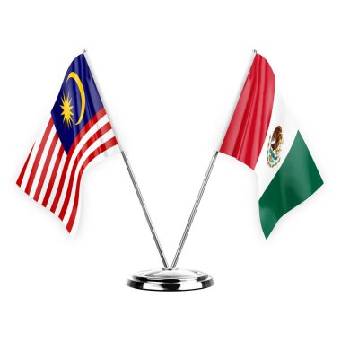 Two table flags isolated on white background 3d illustration, malaysia and mexico