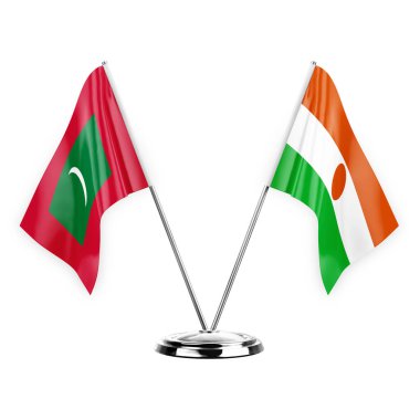 Two table flags isolated on white background 3d illustration, maldives and niger