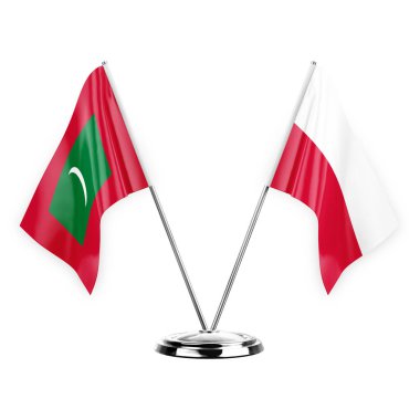Two table flags isolated on white background 3d illustration, maldives and poland