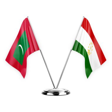 Two table flags isolated on white background 3d illustration, maldives and tajikistan