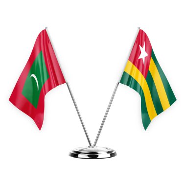 Two table flags isolated on white background 3d illustration, maldives and togo