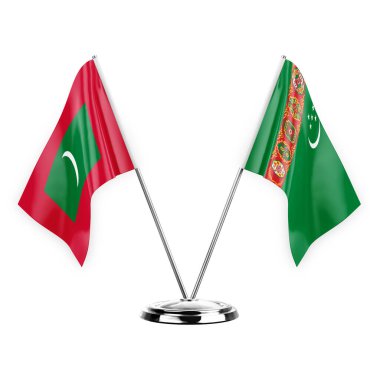 Two table flags isolated on white background 3d illustration, maldives and turkmenistan