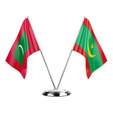 Two table flags isolated on white background 3d illustration, maldives and mauritania