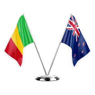 Two table flags isolated on white background 3d illustration, mali and new zealand