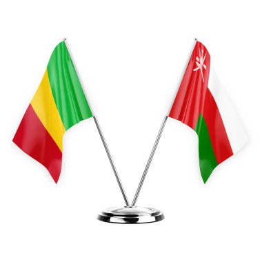 Two table flags isolated on white background 3d illustration, mali and oman